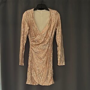 Elegant Sequin Gold Faux Wrap Dress